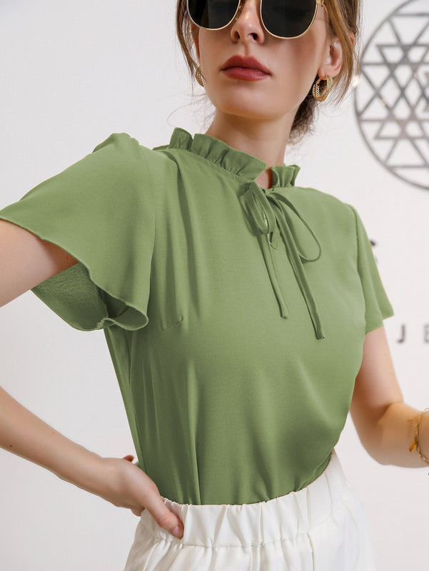 Mulvari Blusa de cuello con cordon de manga farol