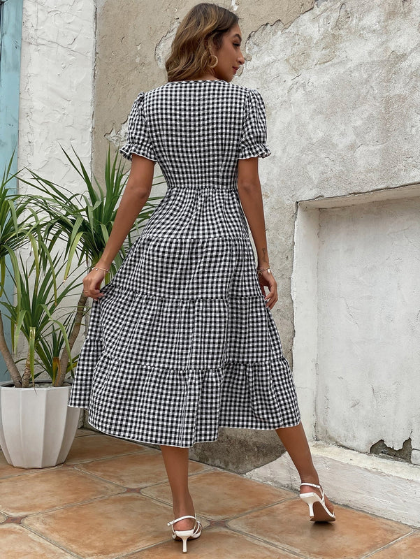 VCAY Vestido con estampado de guingan de manga farol bajo con fruncido