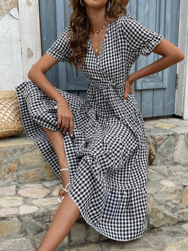 VCAY Vestido con estampado de guingan de manga farol bajo con fruncido