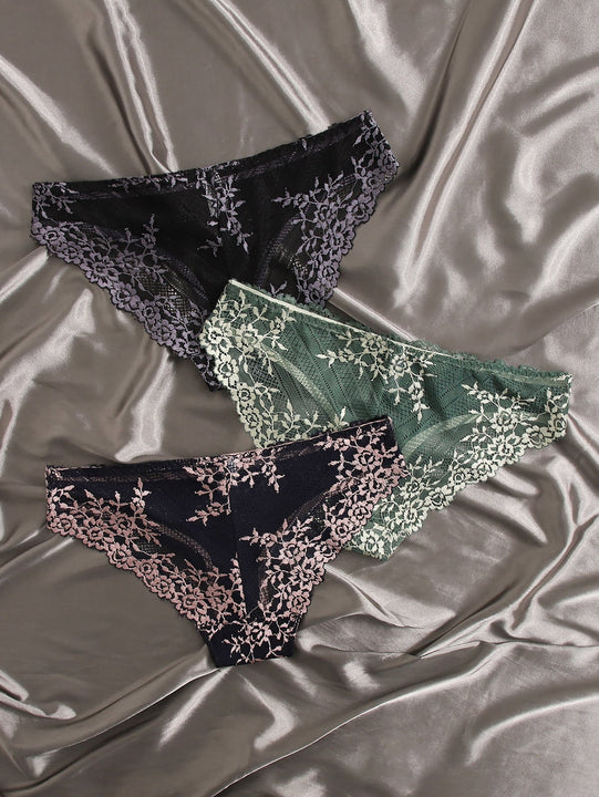 Lenceria De Encaje Floral En Paquete De 3 Braguitas