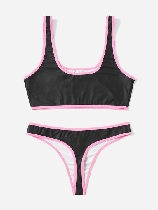 ROMWE Anime Set de lenceria con letra con estampado de dibujos animados unido en contraste