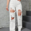 Jeans rectos de talle alto roto