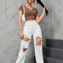 Jeans rectos de talle alto roto