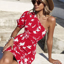 Vestido con estampado floral de un hombro de manga farol