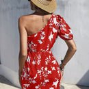 Vestido con estampado floral de un hombro de manga farol