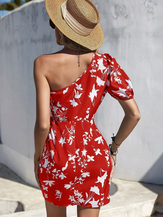 Vestido con estampado floral de un hombro de manga farol