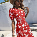 Vestido con estampado floral de un hombro de manga farol