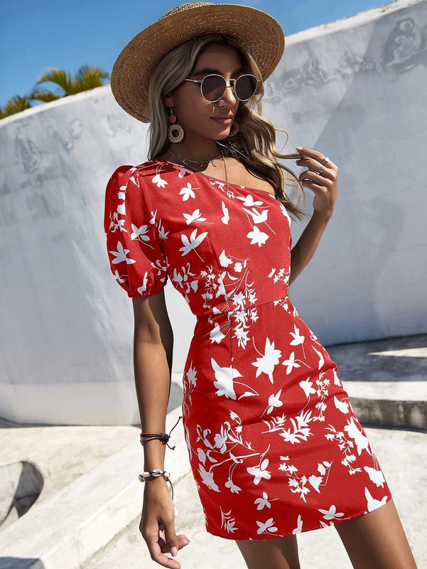 Vestido con estampado floral de un hombro de manga farol