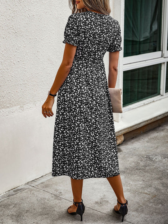 Vestido con estampado floral de manga farol bajo con fruncido