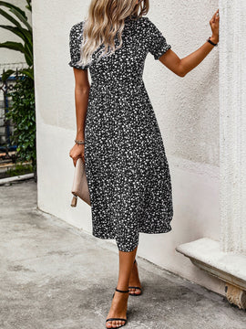 Vestido con estampado floral de manga farol bajo con fruncido