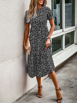 Vestido con estampado floral de manga farol bajo con fruncido