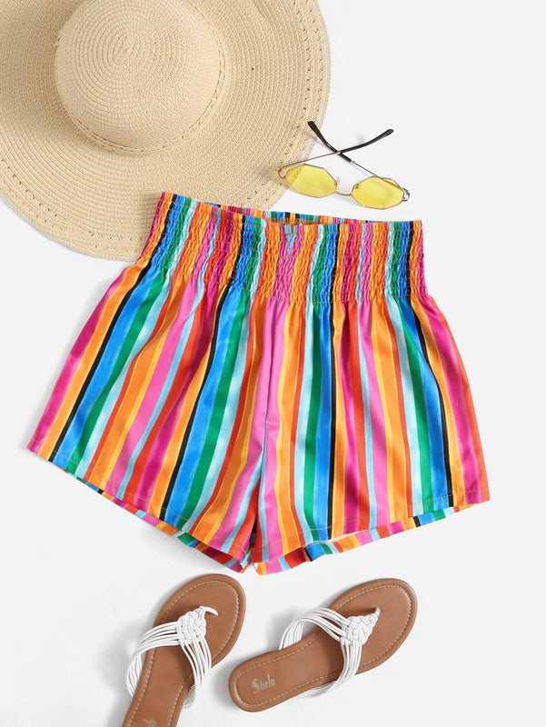 VCAY Shorts de rayas de color combinado de cintura fruncido