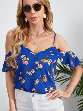 Clasi Top de hombros descubiertos ribete con fruncido con estampado floral