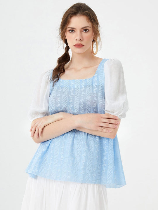 Mulvari Blusa con bordado geometrico & planta de manga farol fruncido