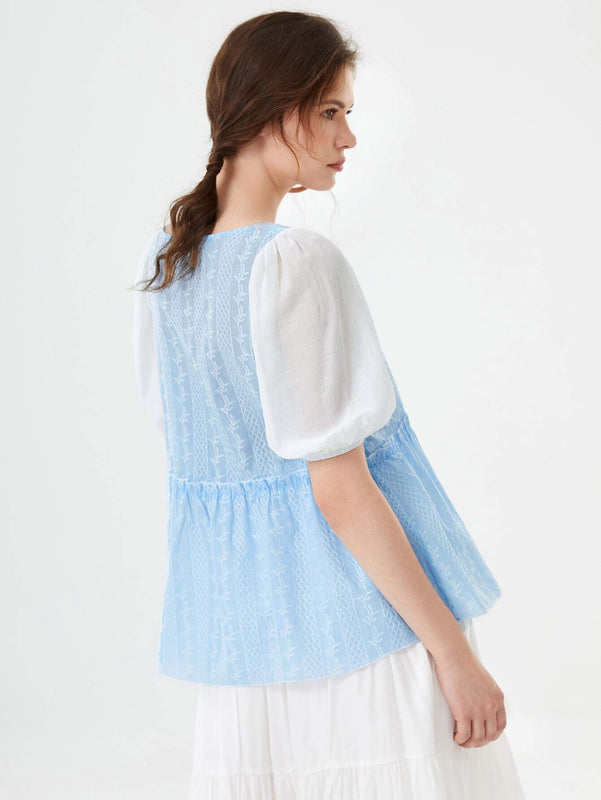 Mulvari Blusa con bordado geometrico & planta de manga farol fruncido