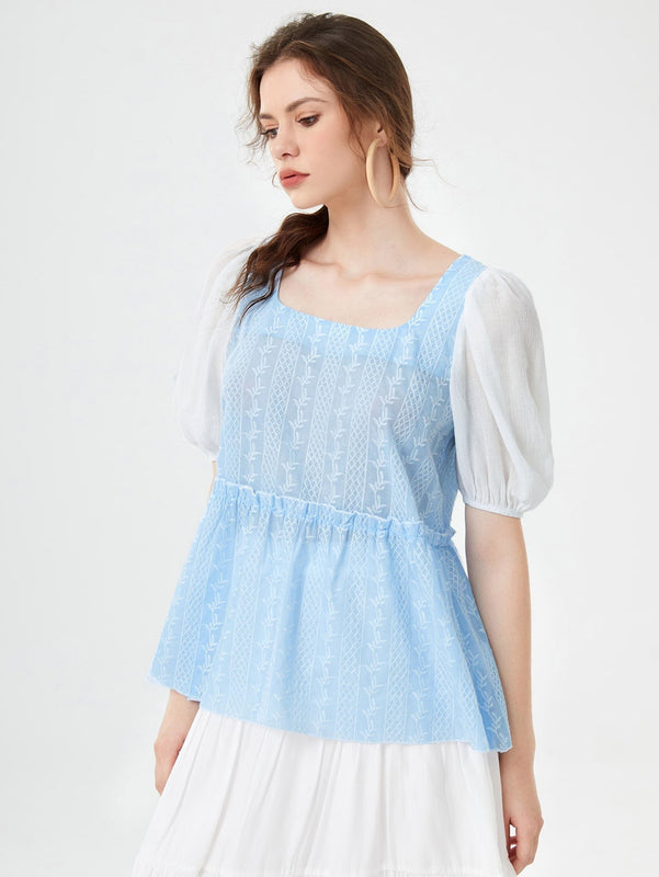 Mulvari Blusa con bordado geometrico & planta de manga farol fruncido