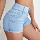 Essnce Shorts en mezclilla de talle alto con boton ribete crudo