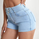 Essnce Shorts en mezclilla de talle alto con boton ribete crudo