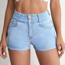 Essnce Shorts en mezclilla de talle alto con boton ribete crudo