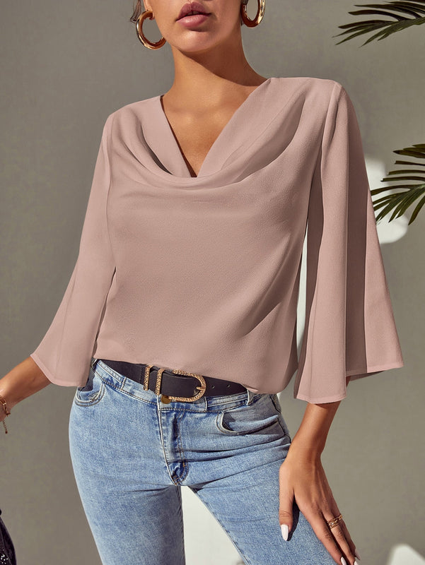 Blusa de cuello con fruncido de manga con volante