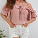 VCAY Blusa de hombros descubiertos con nudo delantero ribete con fruncido