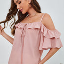 VCAY Blusa de hombros descubiertos con nudo delantero ribete con fruncido