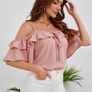 VCAY Blusa de hombros descubiertos con nudo delantero ribete con fruncido