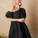 Vestido smock de cuello asimetrico de manga farol bajo con fruncido