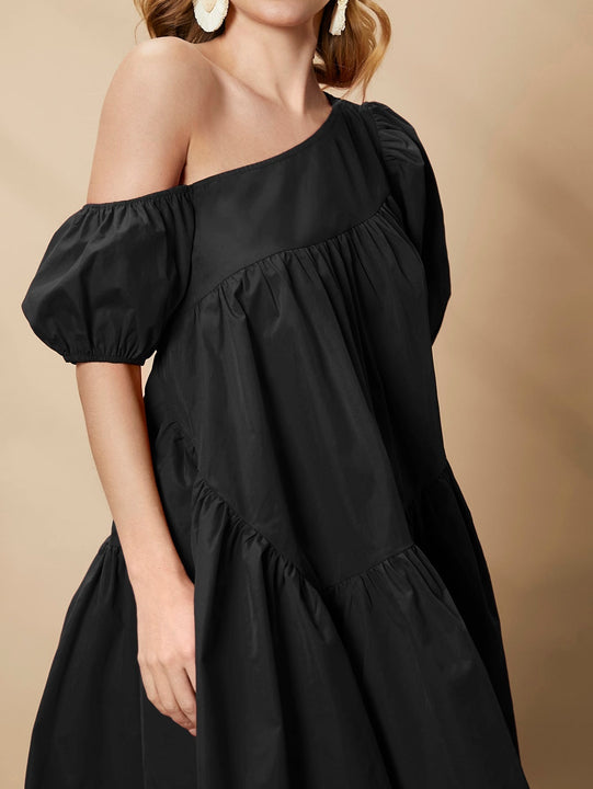 Vestido smock de cuello asimetrico de manga farol bajo con fruncido