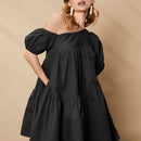 Vestido smock de cuello asimetrico de manga farol bajo con fruncido
