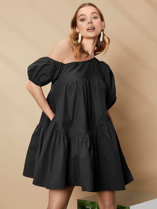 Vestido smock de cuello asimetrico de manga farol bajo con fruncido