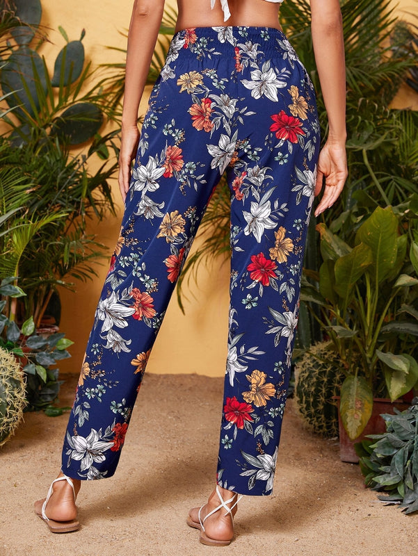 VCAY Pantalones de cintura fruncido floral