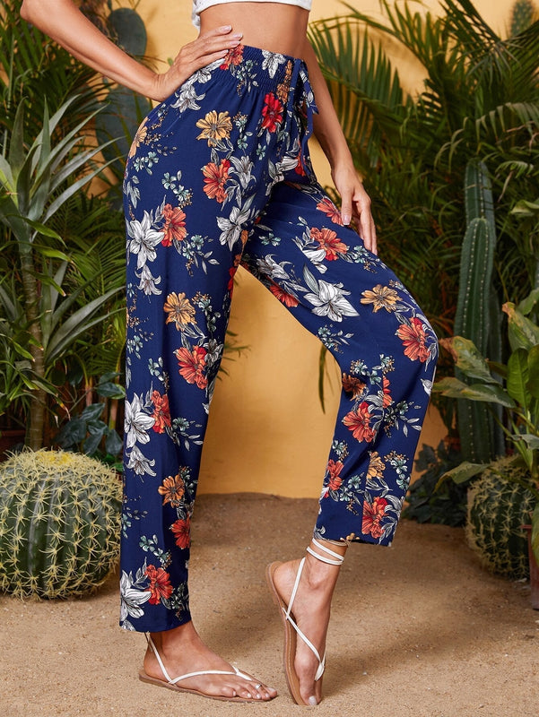 VCAY Pantalones de cintura fruncido floral