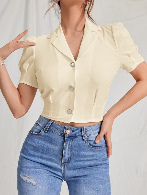 MOD Blusa de cuello con solapa de manga farol con boton