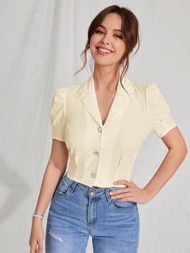 MOD Blusa de cuello con solapa de manga farol con boton