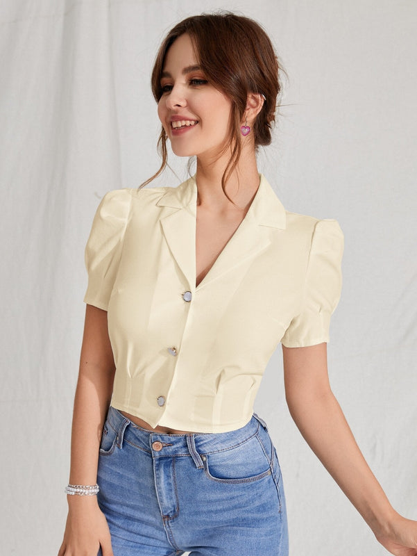 MOD Blusa de cuello con solapa de manga farol con boton