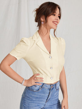 MOD Blusa de cuello con solapa de manga farol con boton