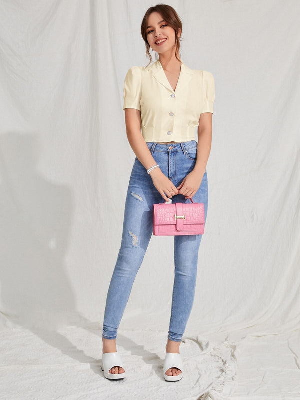 MOD Blusa de cuello con solapa de manga farol con boton