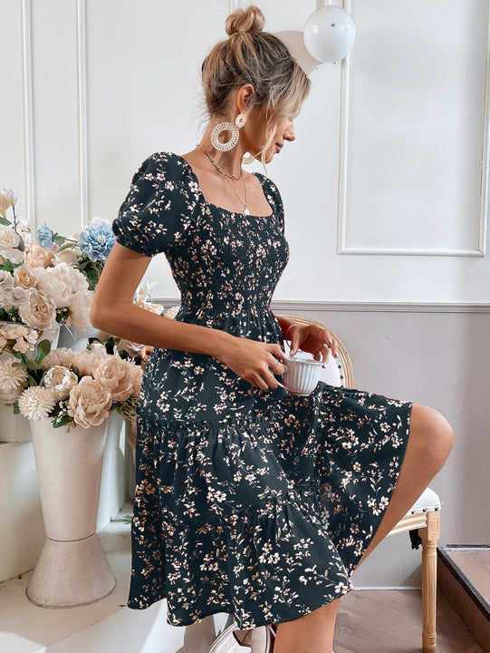 Frenchy Vestido con estampado floral de manga farol bajo con fruncido