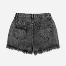 Shorts en mezclilla bajo crudo desgarro