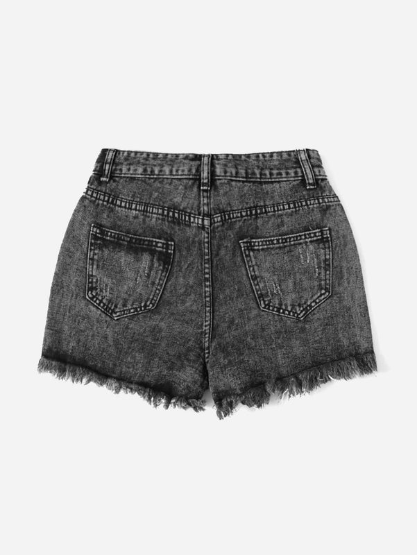 Shorts en mezclilla bajo crudo desgarro