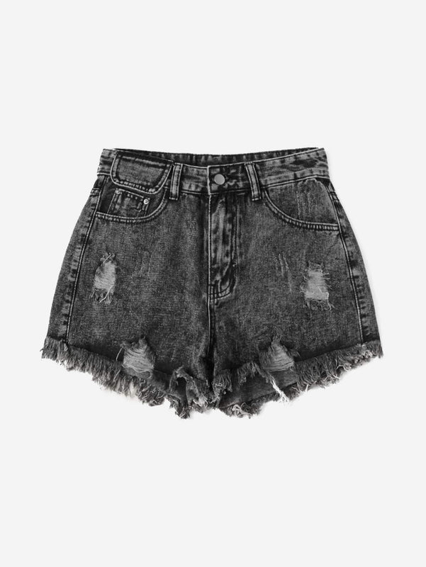 Shorts en mezclilla bajo crudo desgarro