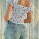 VCAY Camisa corta con estampado floral de manga farol con nudo delantero