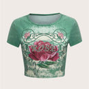 ROMWE Fairycore Camiseta Con Estampado De Flores Con Efecto Tenido Anudado