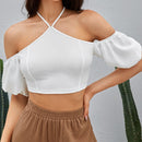 WYWH Camisa corta de cuello halter de manga farol