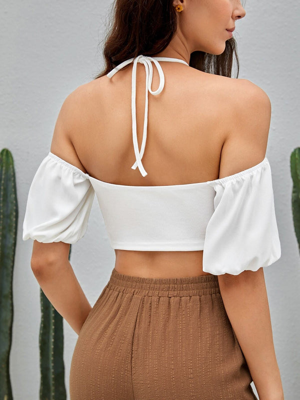 Camisa corta de cuello halter de manga farol