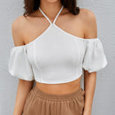 WYWH Camisa corta de cuello halter de manga farol