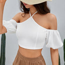 WYWH Camisa corta de cuello halter de manga farol
