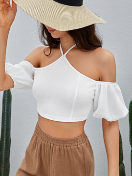 Camisa corta de cuello halter de manga farol