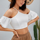 WYWH Camisa corta de cuello halter de manga farol